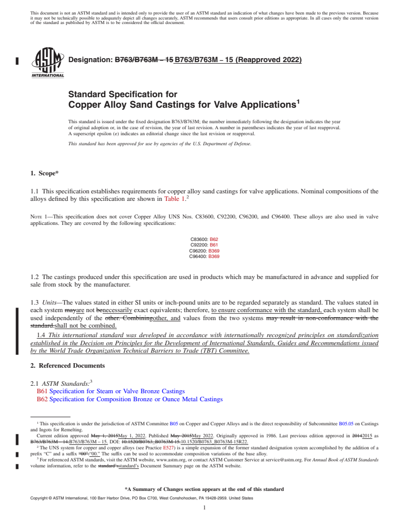 REDLINE ASTM B763/B763M-15(2022) - Standard Specification for Copper Alloy Sand Castings for Valve Applications
