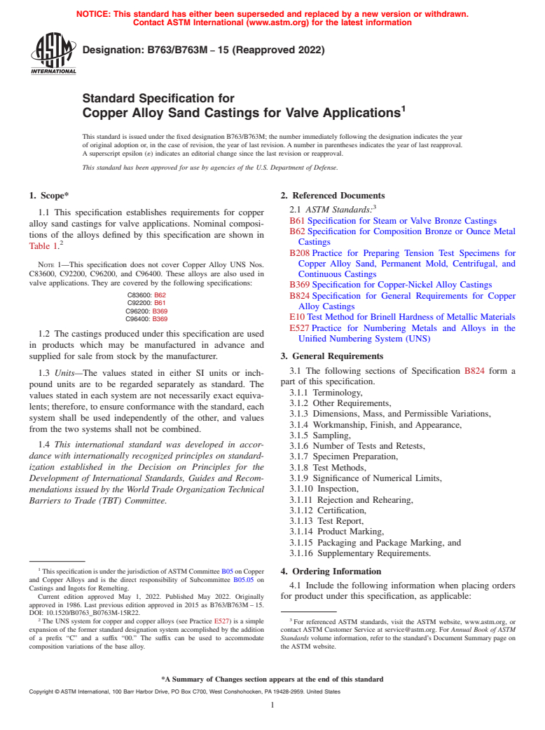 ASTM B763/B763M-15(2022) - Standard Specification for Copper Alloy Sand Castings for Valve Applications
