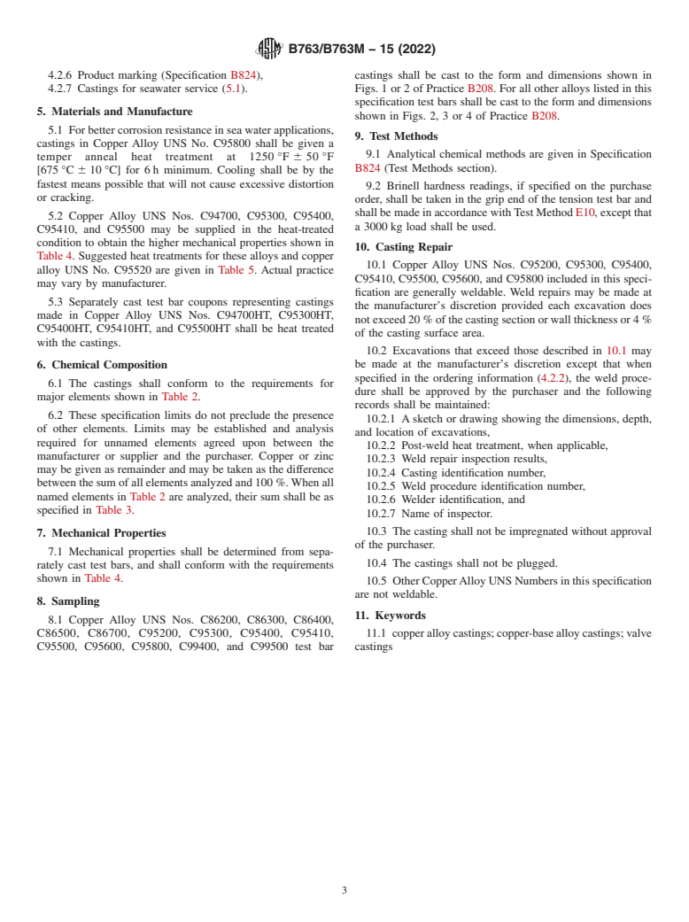 ASTM B763/B763M-15(2022) - Standard Specification for Copper Alloy Sand Castings for Valve Applications