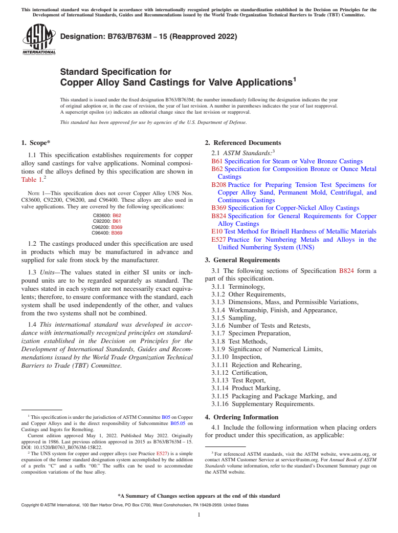 ASTM B763/B763M-15(2022) - Standard Specification for Copper Alloy Sand Castings for Valve Applications