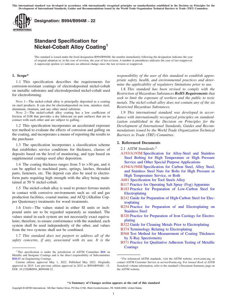 ASTM B994/B994M-22 - Standard Specification for Nickel-Cobalt Alloy Coating