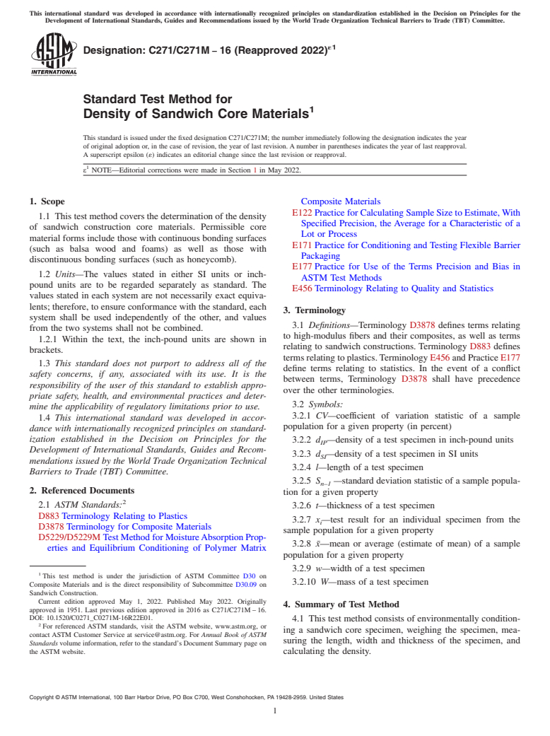 ASTM C271/C271M-16(2022)e1 - Standard Test Method for  Density of Sandwich Core Materials