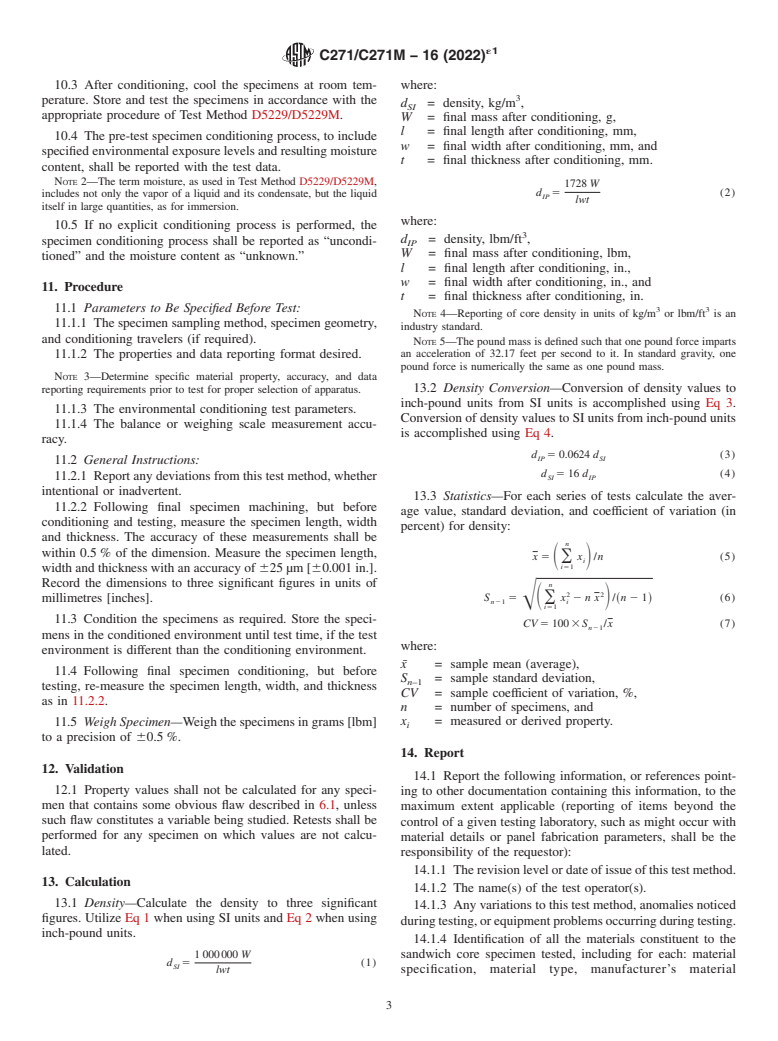 ASTM C271/C271M-16(2022)e1 - Standard Test Method for  Density of Sandwich Core Materials