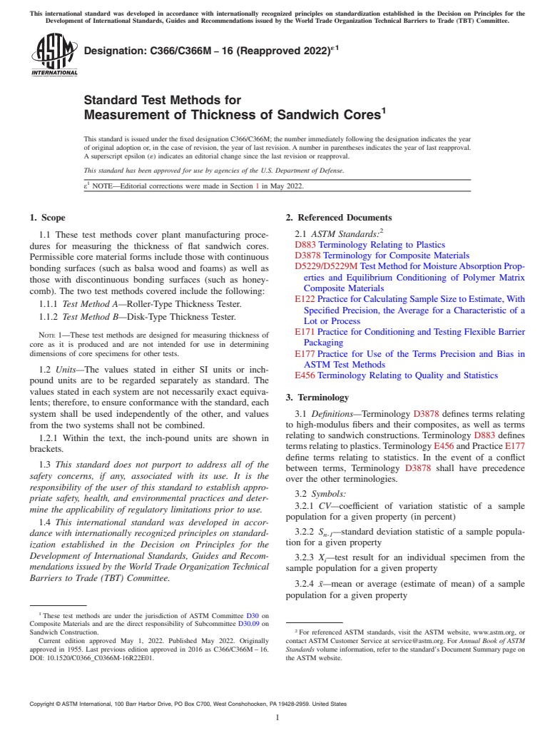 ASTM C366/C366M-16(2022)e1 - Standard Test Methods for  Measurement of Thickness of Sandwich Cores