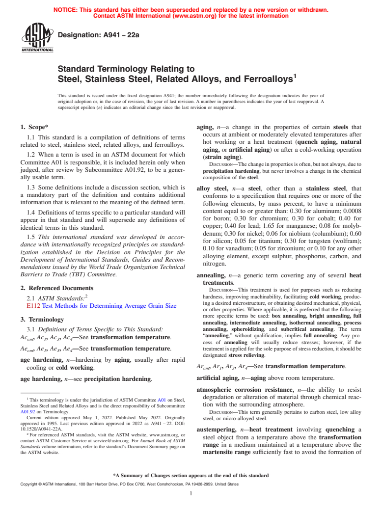 ASTM A941-22a - Standard Terminology Relating to  Steel, Stainless Steel, Related Alloys, and Ferroalloys