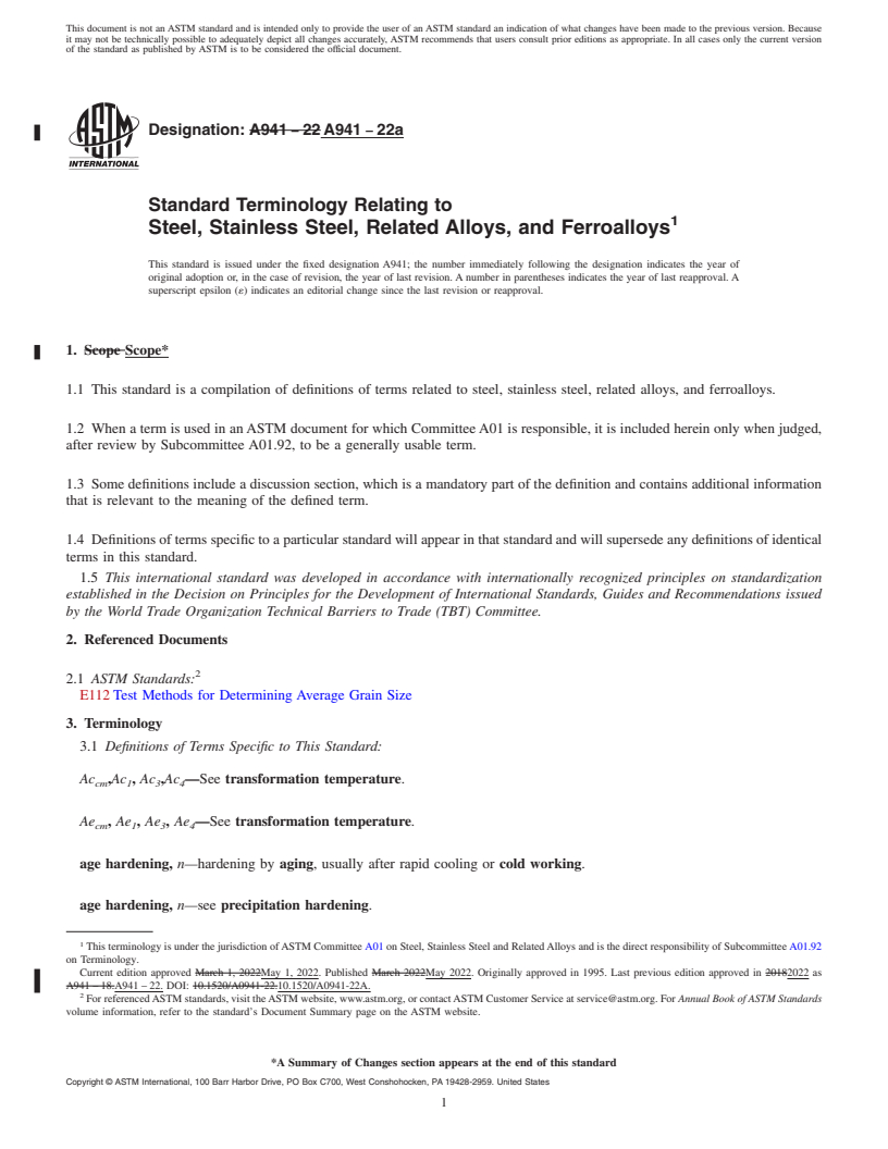 REDLINE ASTM A941-22a - Standard Terminology Relating to  Steel, Stainless Steel, Related Alloys, and Ferroalloys