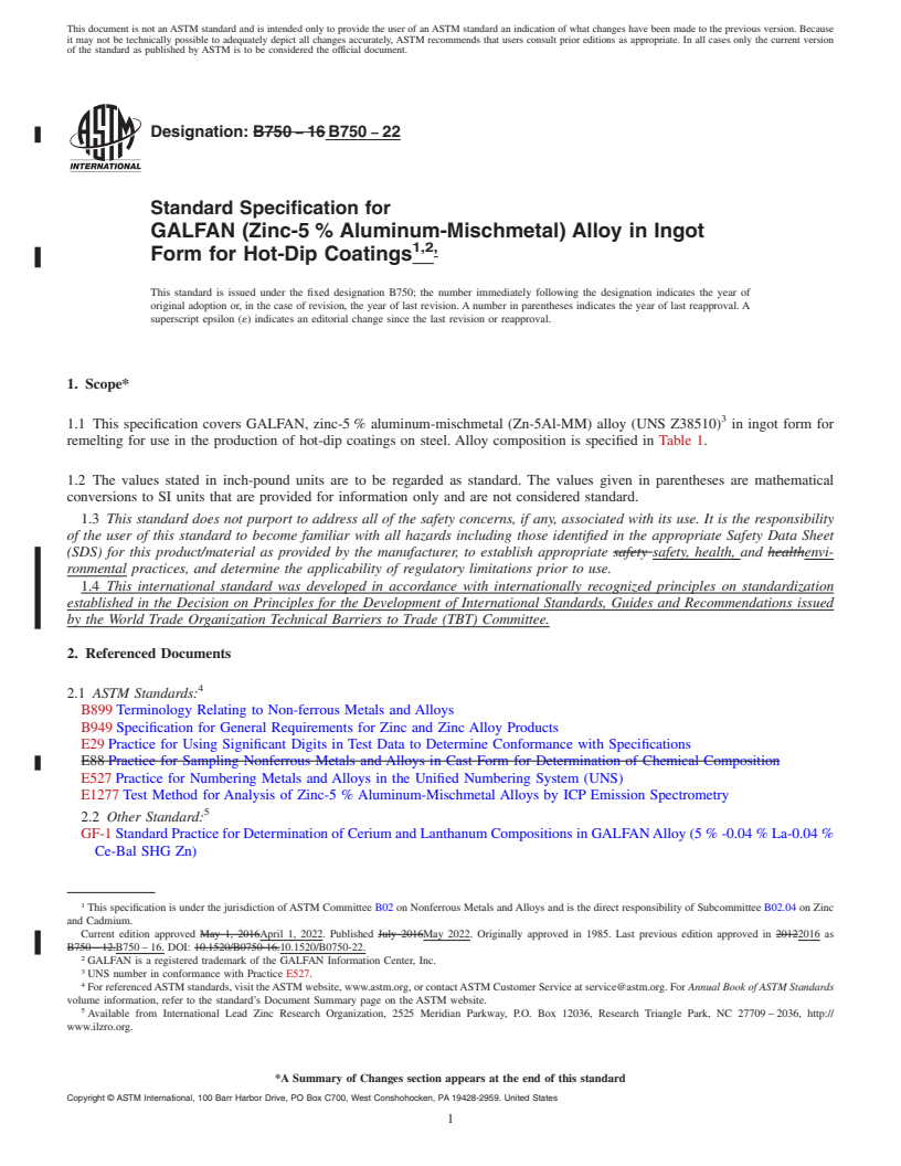 REDLINE ASTM B750-22 - Standard Specification for GALFAN (Zinc-5 % Aluminum-Mischmetal) Alloy  in Ingot  Form for Hot-Dip Coatings