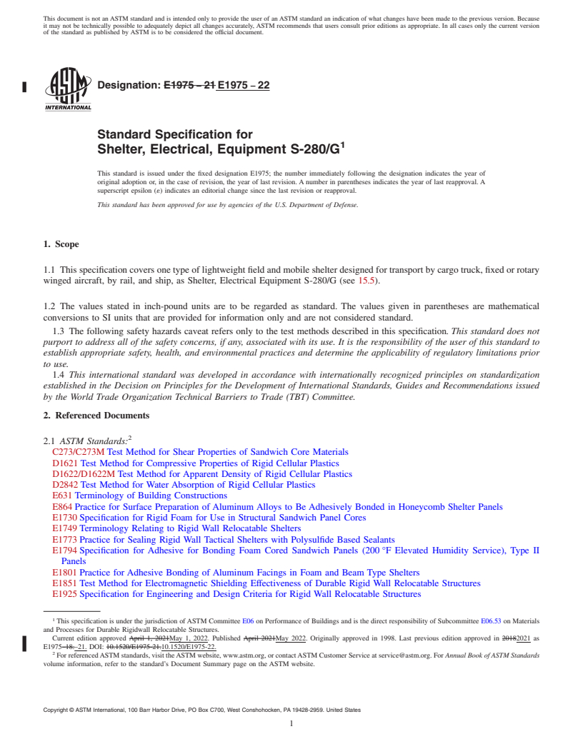 REDLINE ASTM E1975-22 - Standard Specification for Shelter, Electrical, Equipment S-280/G