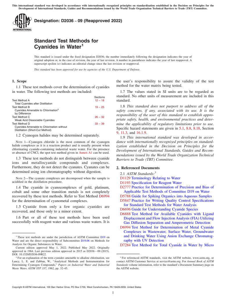 ASTM D2036-09(2022) - Standard Test Methods for  Cyanides in Water