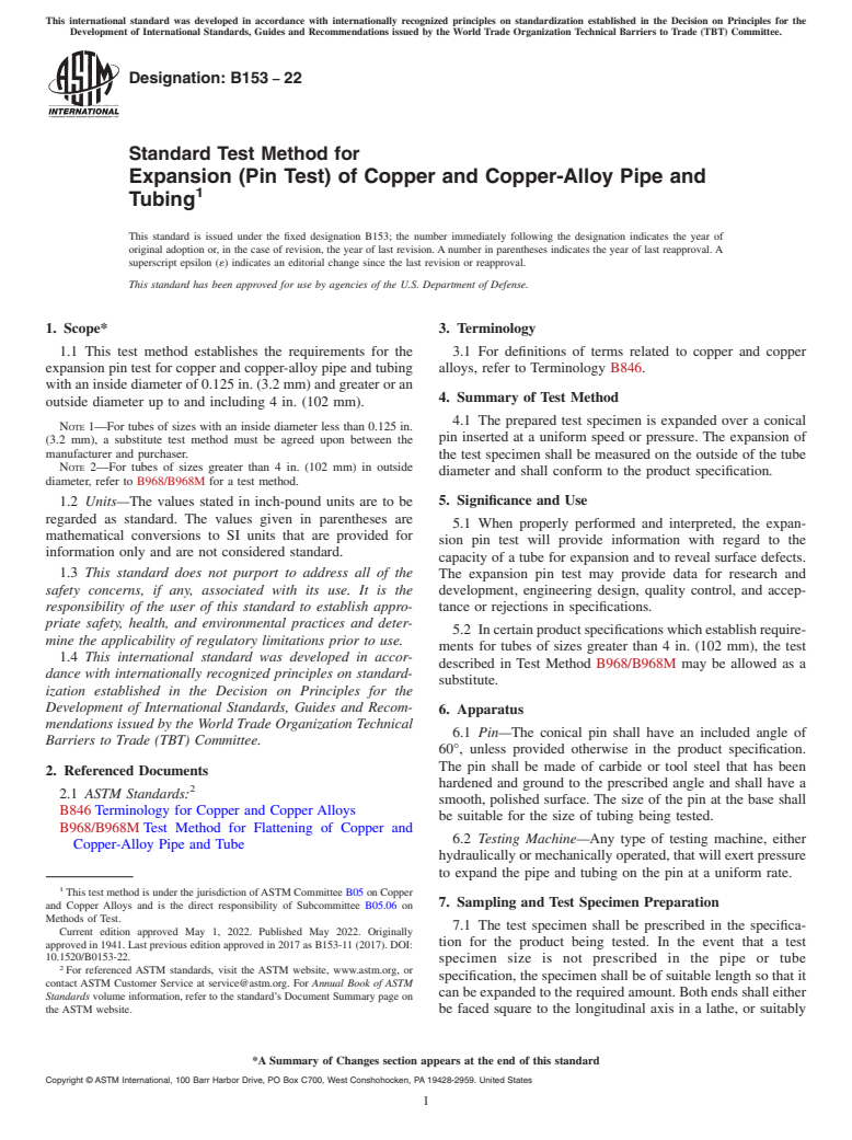 ASTM B153-22 - Standard Test Method for Expansion (Pin Test) of Copper and Copper-Alloy Pipe and Tubing