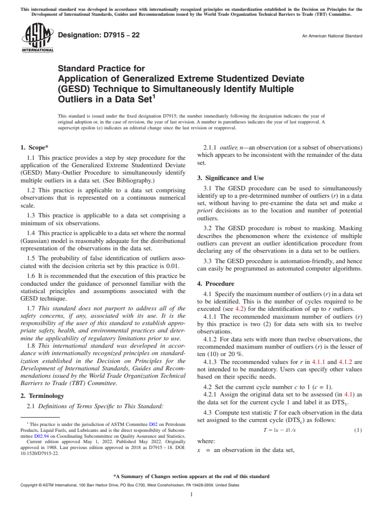 ASTM D7915-22 - Standard Practice for Application of Generalized Extreme Studentized Deviate (GESD)  Technique to Simultaneously Identify Multiple Outliers in a Data Set