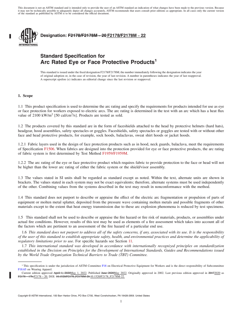 REDLINE ASTM F2178/F2178M-22 - Standard Specification for  Arc Rated Eye or Face Protective Products