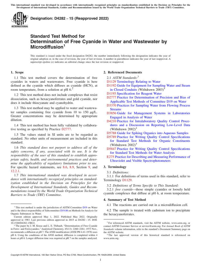 ASTM D4282-15(2022) - Standard Test Method for  Determination of Free Cyanide in Water and Wastewater by Microdiffusion