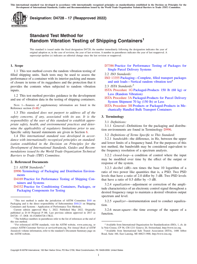 ASTM D4728-17(2022) - Standard Test Method for Random Vibration Testing of Shipping Containers