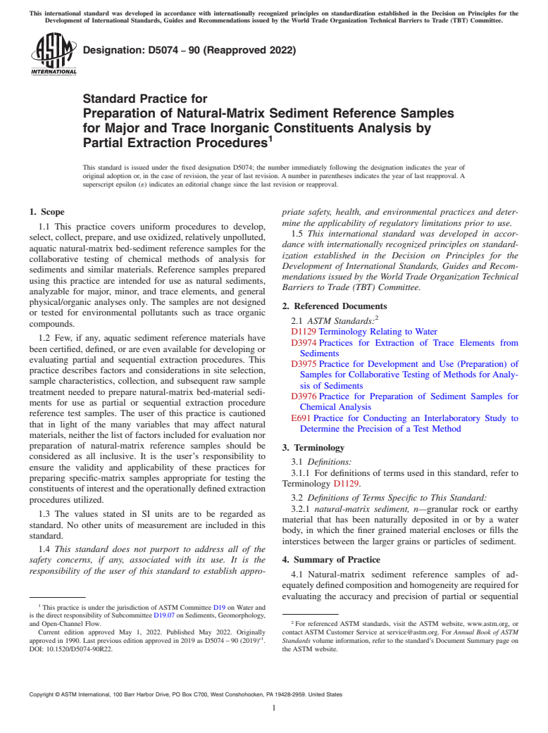 ASTM D5074-90(2022) - Standard Practice for  Preparation of Natural-Matrix Sediment Reference Samples for  Major and Trace Inorganic Constituents Analysis by Partial Extraction  Procedures