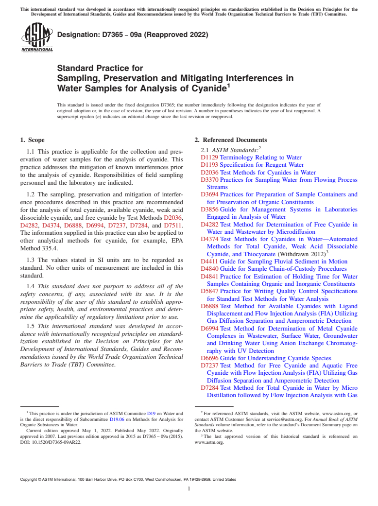 ASTM D7365-09a(2022) - Standard Practice for  Sampling, Preservation and Mitigating Interferences in Water  Samples for Analysis of Cyanide