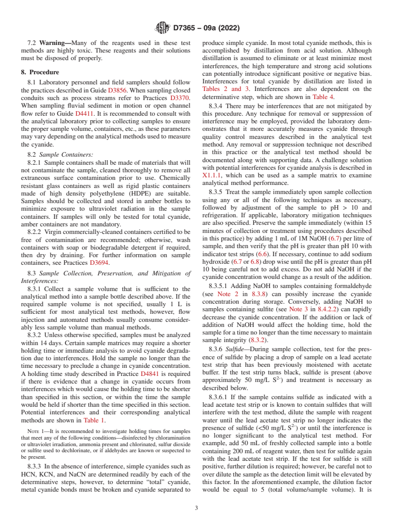 ASTM D7365-09a(2022) - Standard Practice for  Sampling, Preservation and Mitigating Interferences in Water  Samples for Analysis of Cyanide