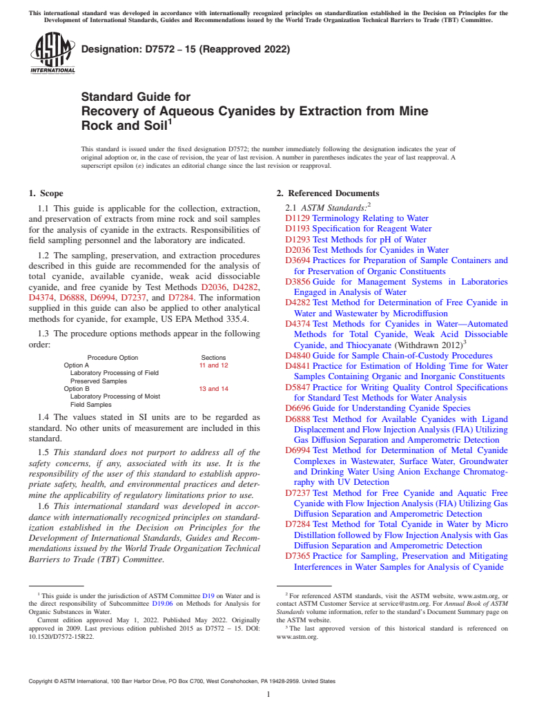 ASTM D7572-15(2022) - Standard Guide for Recovery of Aqueous Cyanides by Extraction from Mine Rock and  Soil