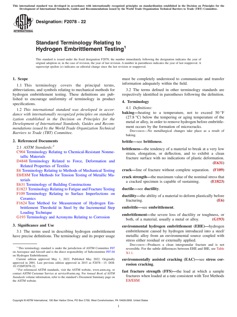 ASTM F2078-22 - Standard Terminology Relating to  Hydrogen Embrittlement Testing