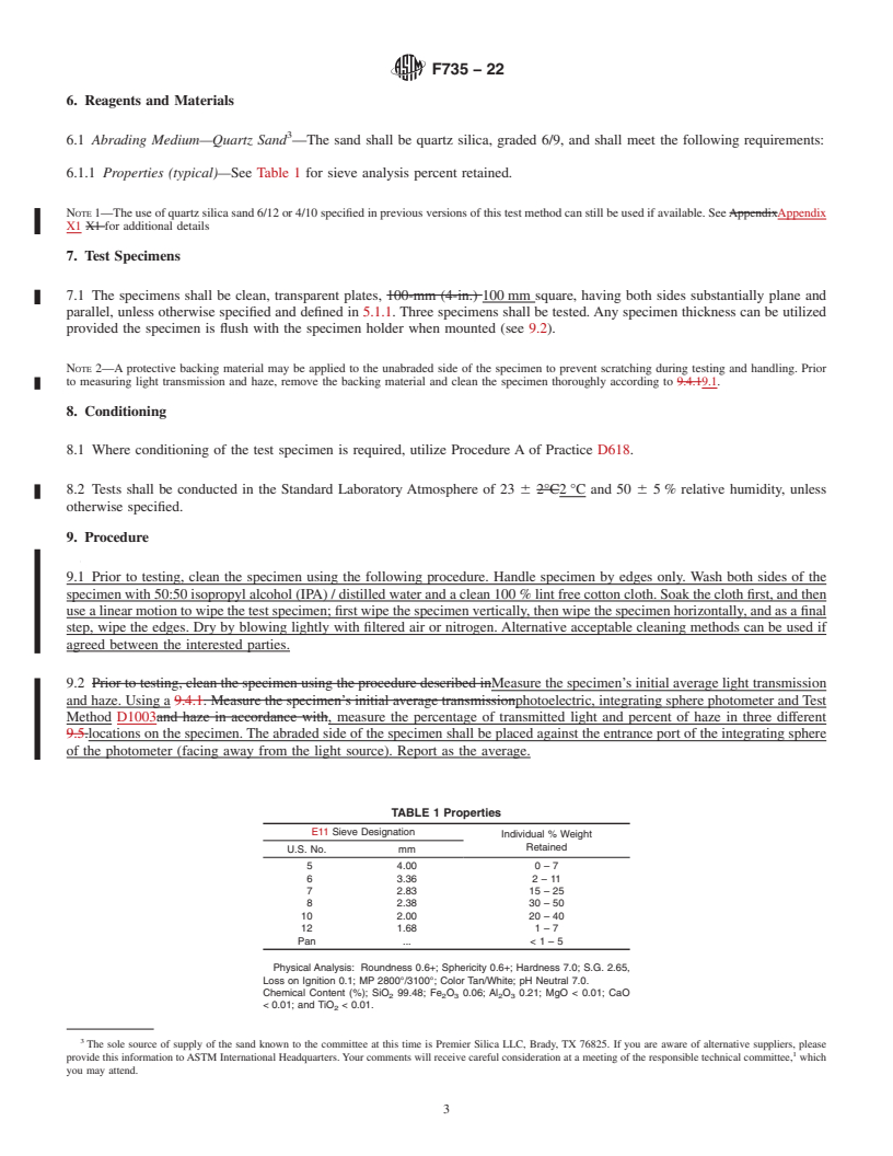 REDLINE ASTM F735-22 - Standard Test Method for  Abrasion Resistance of Transparent Plastics and Coatings Using  the Oscillating Sand Method