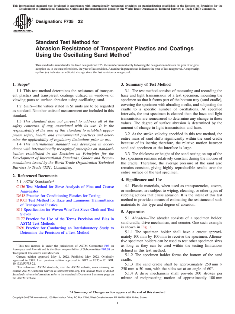 ASTM F735-22 - Standard Test Method for  Abrasion Resistance of Transparent Plastics and Coatings Using  the Oscillating Sand Method