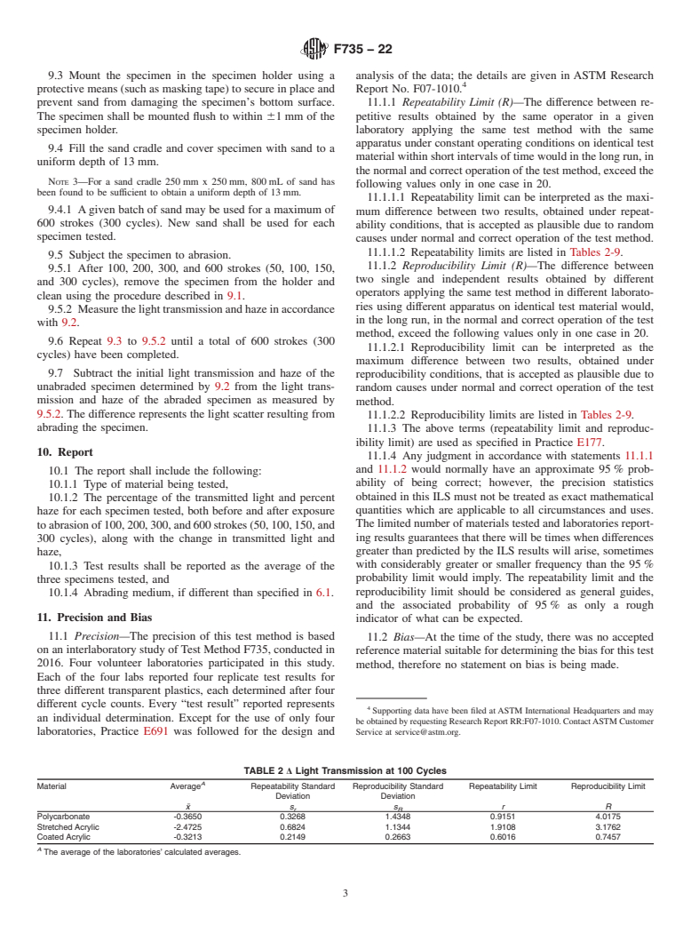 ASTM F735-22 - Standard Test Method for  Abrasion Resistance of Transparent Plastics and Coatings Using  the Oscillating Sand Method