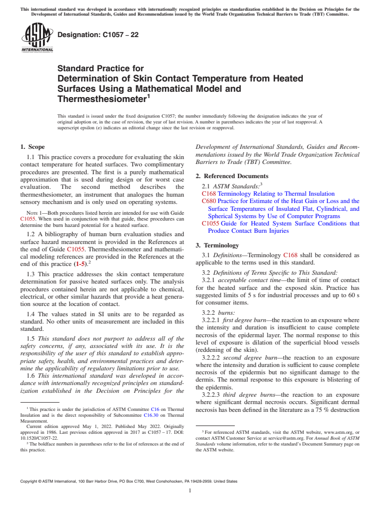 ASTM C1057-22 - Standard Practice for  Determination of Skin Contact Temperature from Heated Surfaces  Using a Mathematical Model and Thermesthesiometer
