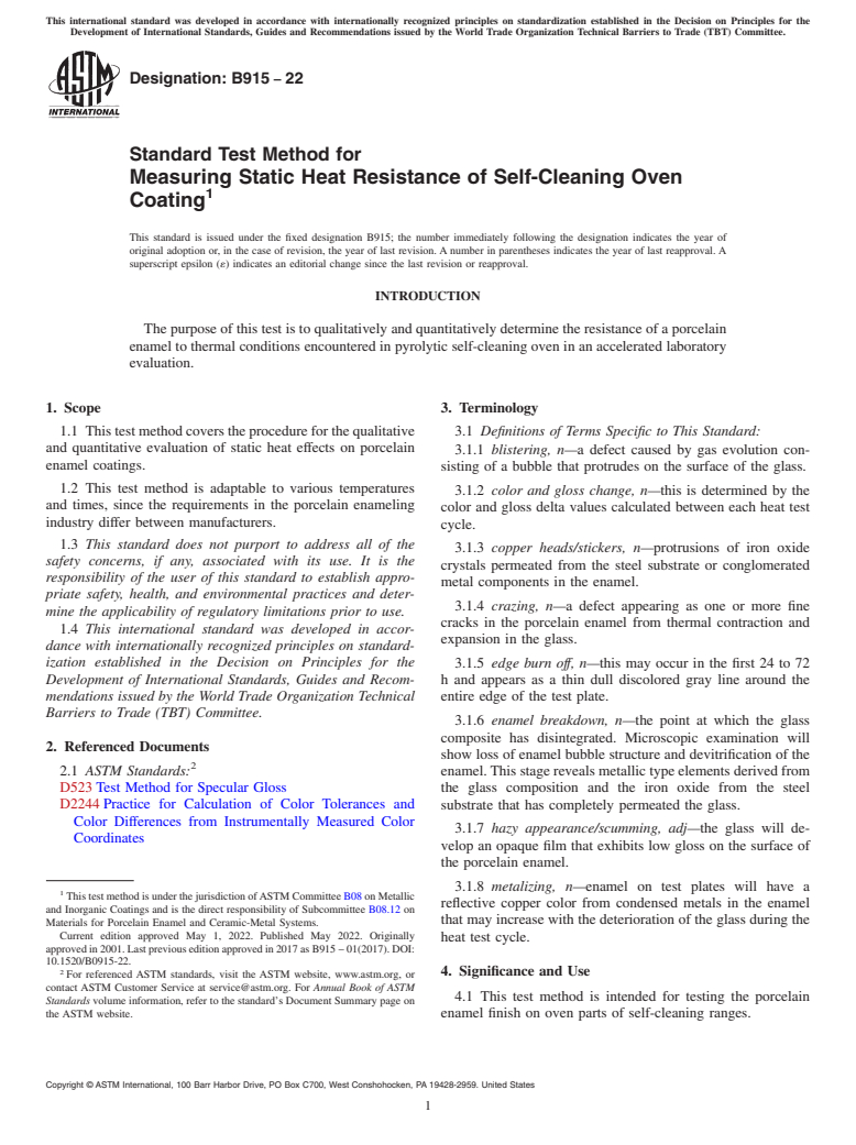 ASTM B915-22 - Standard Test Method for  Measuring Static Heat Resistance of Self-Cleaning Oven Coating
