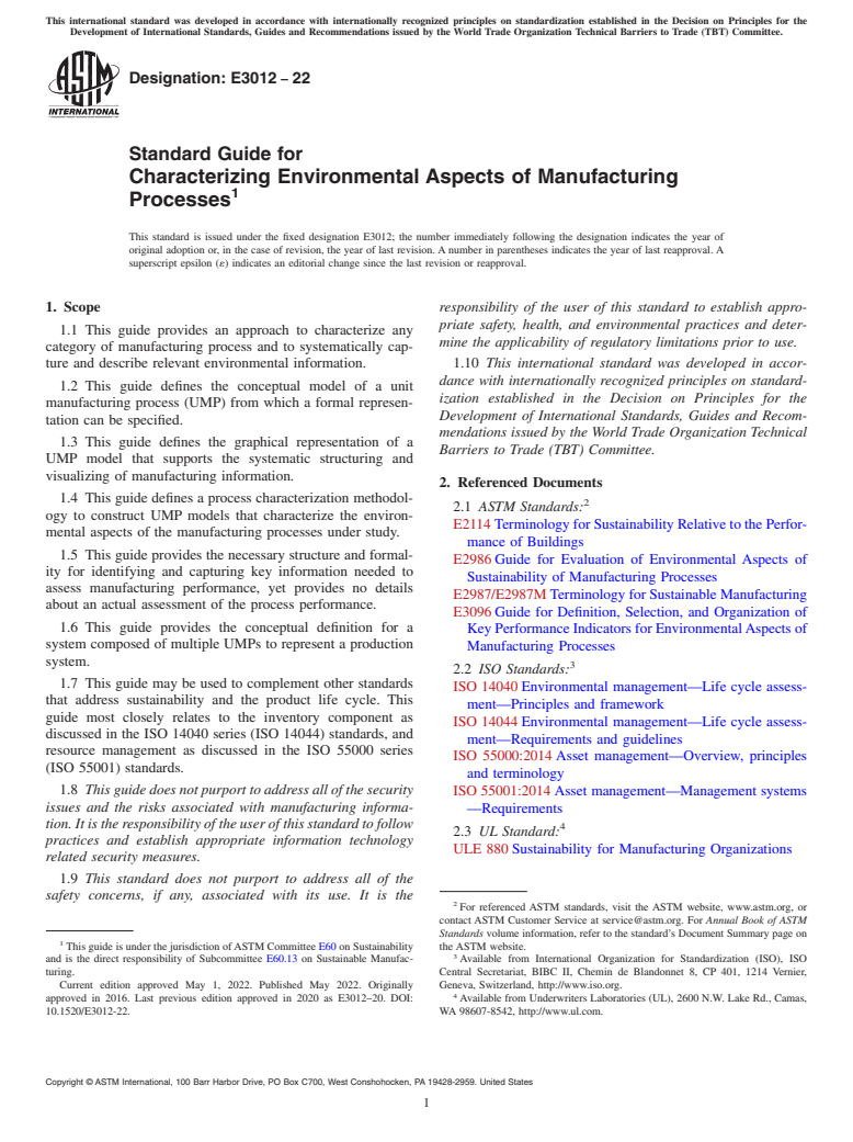 ASTM E3012-22 - Standard Guide for Characterizing Environmental Aspects of Manufacturing Processes