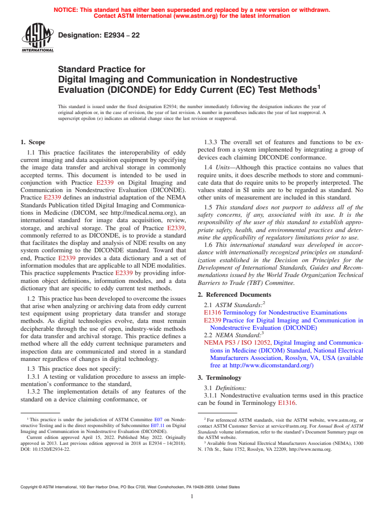 ASTM E2934-22 - Standard Practice for Digital Imaging and Communication in Nondestructive Evaluation  (DICONDE) for Eddy Current (EC) Test Methods