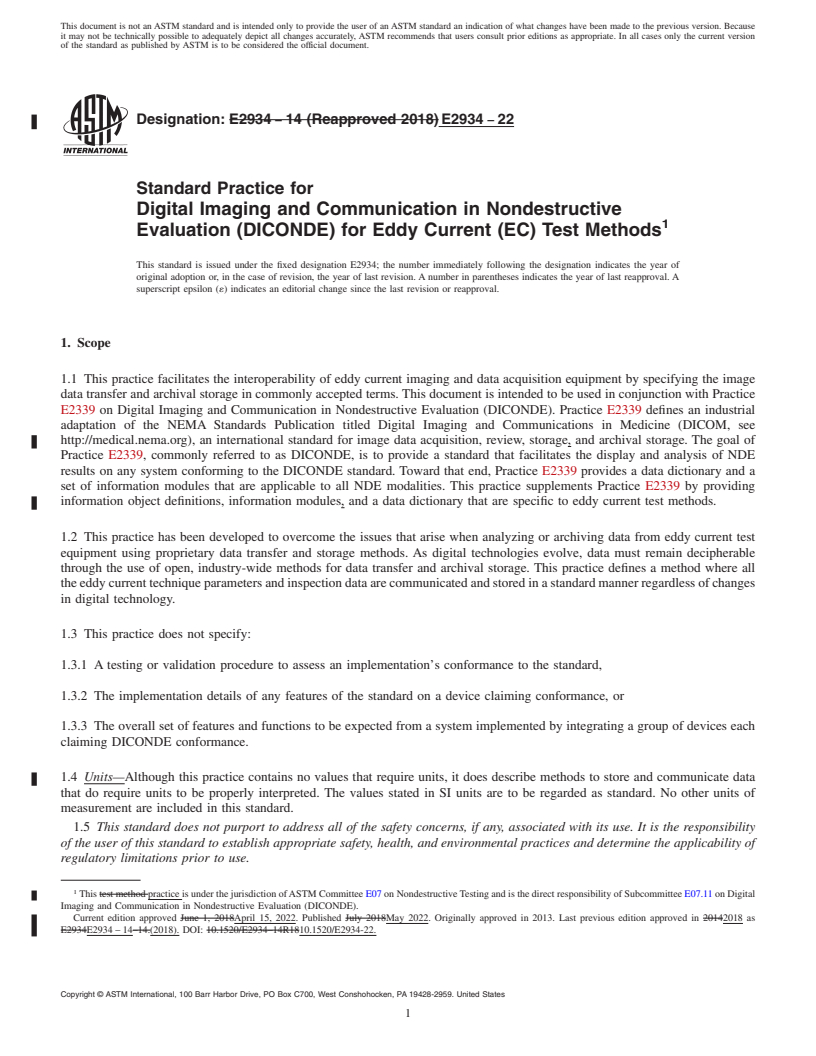 REDLINE ASTM E2934-22 - Standard Practice for Digital Imaging and Communication in Nondestructive Evaluation  (DICONDE) for Eddy Current (EC) Test Methods