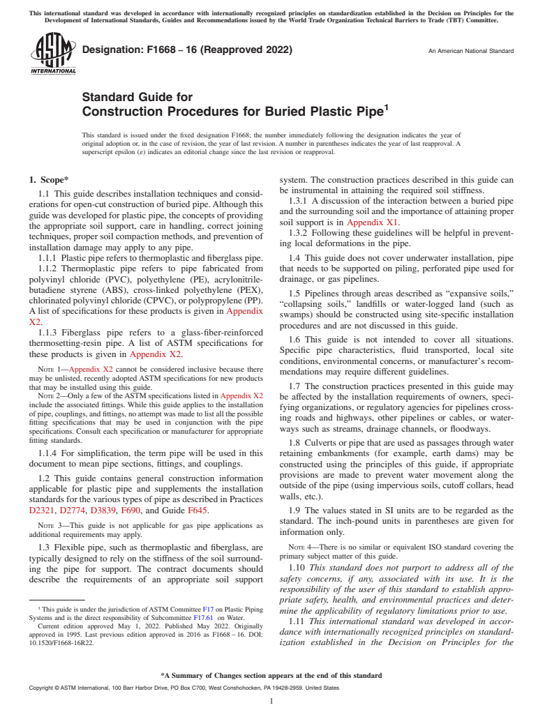 ASTM F1668-16(2022) - Standard Guide for  Construction Procedures for Buried Plastic Pipe