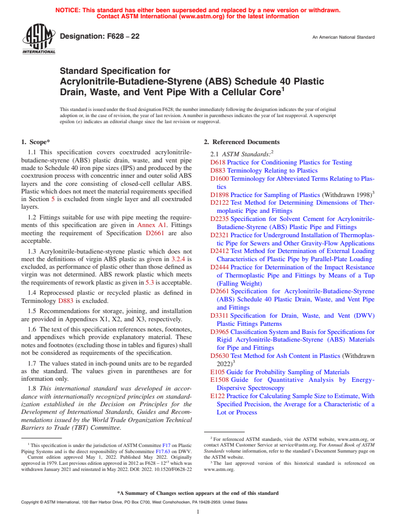 ASTM F628-22 - Standard Specification for  Acrylonitrile-Butadiene-Styrene (ABS) Schedule 40 Plastic Drain,  Waste, and Vent Pipe With a Cellular Core