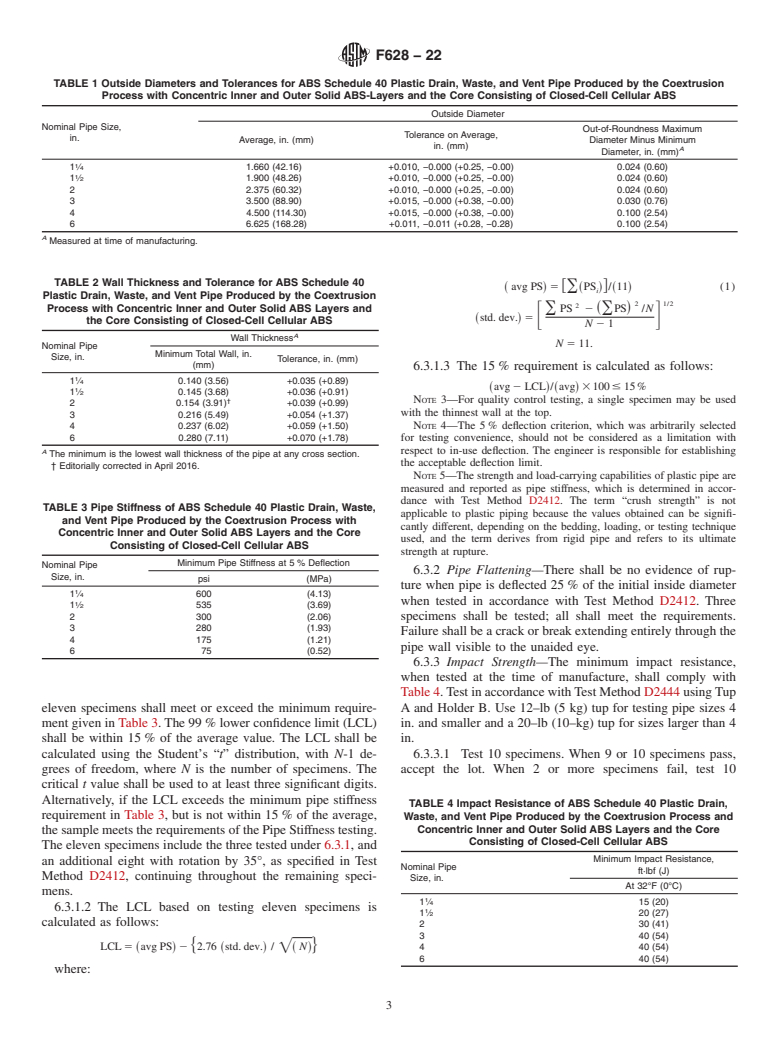 ASTM F628-22 - Standard Specification for  Acrylonitrile-Butadiene-Styrene (ABS) Schedule 40 Plastic Drain,  Waste, and Vent Pipe With a Cellular Core