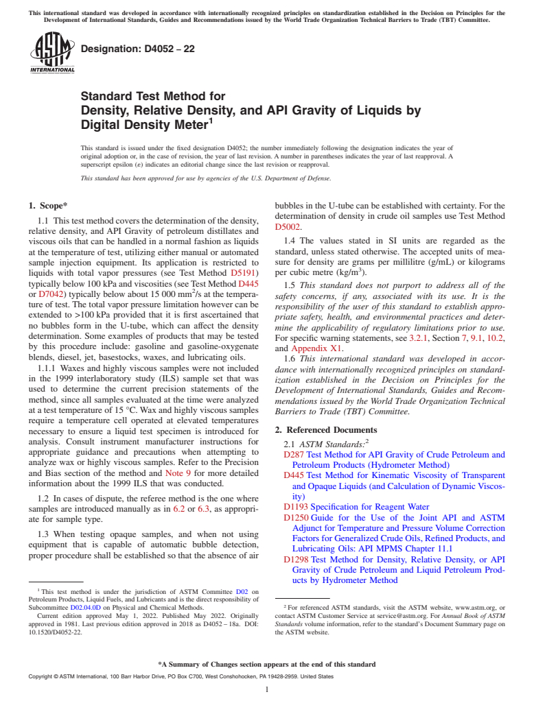 ASTM D4052-22 - Standard Test Method for  Density, Relative Density, and API Gravity of Liquids by Digital   Density Meter