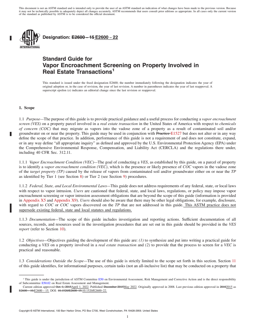 REDLINE ASTM E2600-22 - Standard Guide for Vapor Encroachment Screening on Property Involved in Real Estate  Transactions