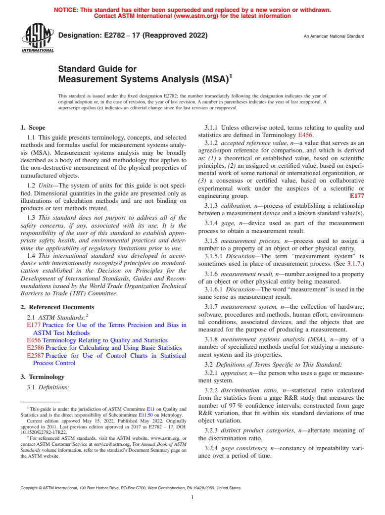 ASTM E2782-17(2022) - Standard Guide for  Measurement Systems Analysis (MSA)