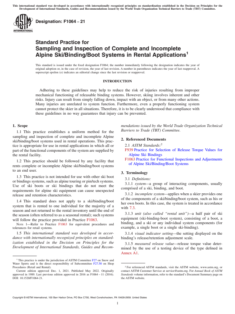 ASTM F1064-21 - Standard Practice for  Sampling and Inspection of Complete and Incomplete Alpine Ski/Binding/Boot  Systems in Rental Applications