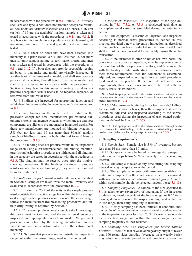 ASTM F1064-21 - Standard Practice for  Sampling and Inspection of Complete and Incomplete Alpine Ski/Binding/Boot  Systems in Rental Applications