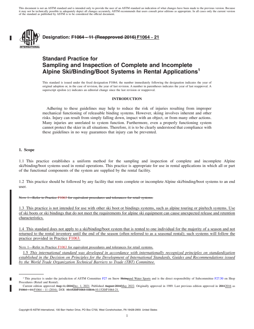 REDLINE ASTM F1064-21 - Standard Practice for  Sampling and Inspection of Complete and Incomplete Alpine Ski/Binding/Boot  Systems in Rental Applications