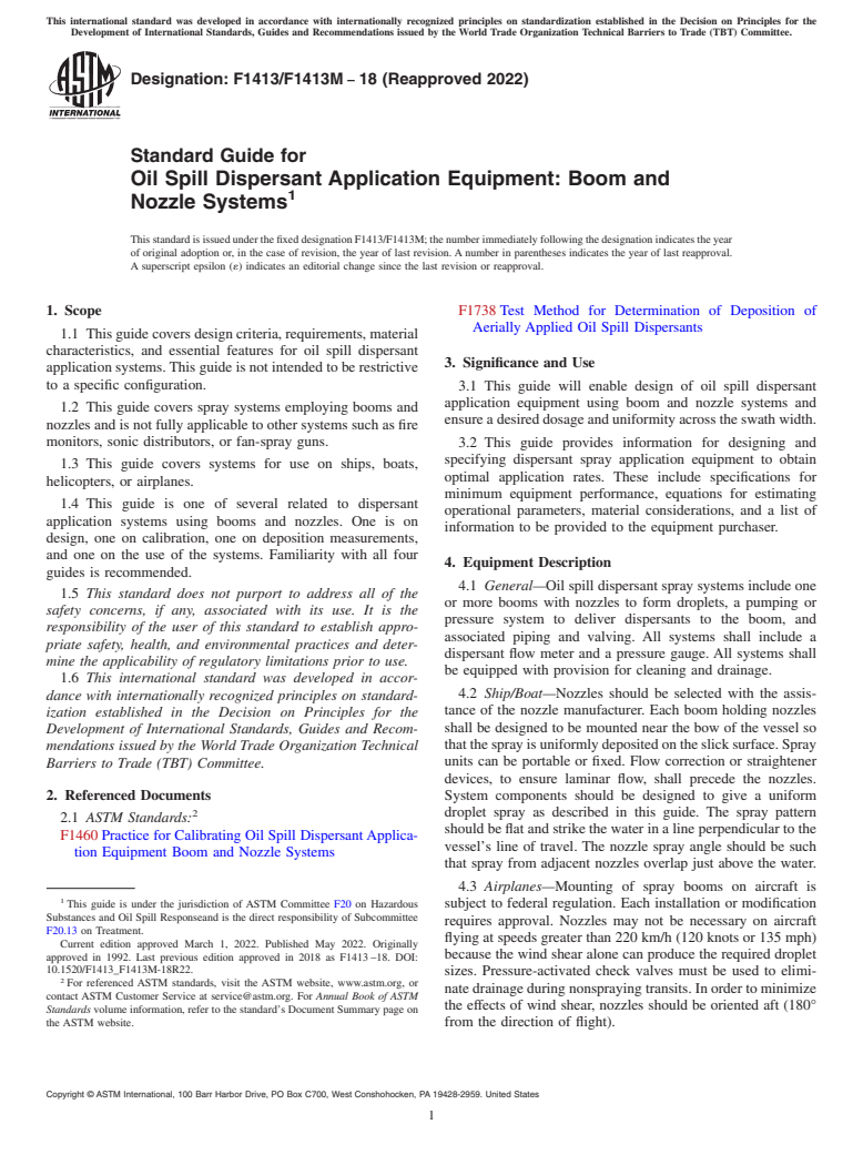 ASTM F1413/F1413M-18(2022) - Standard Guide for  Oil Spill Dispersant Application Equipment: Boom and Nozzle  Systems