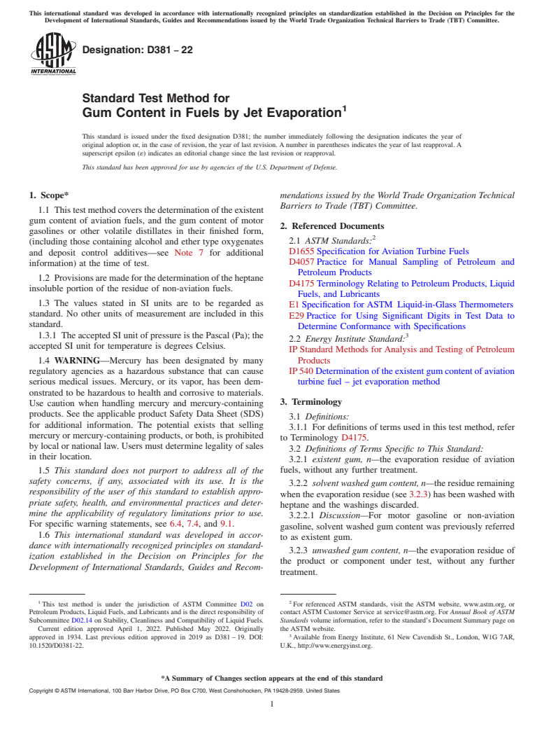 ASTM D381-22 - Standard Test Method for  Gum Content in Fuels by Jet Evaporation