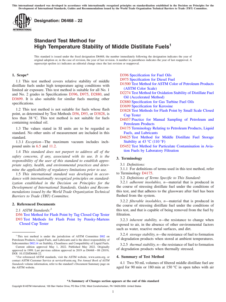 ASTM D6468-22 - Standard Test Method for High Temperature Stability of Middle Distillate Fuels