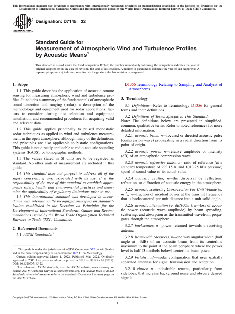 ASTM D7145-22 - Standard Guide for  Measurement of Atmospheric Wind and Turbulence Profiles by  Acoustic Means