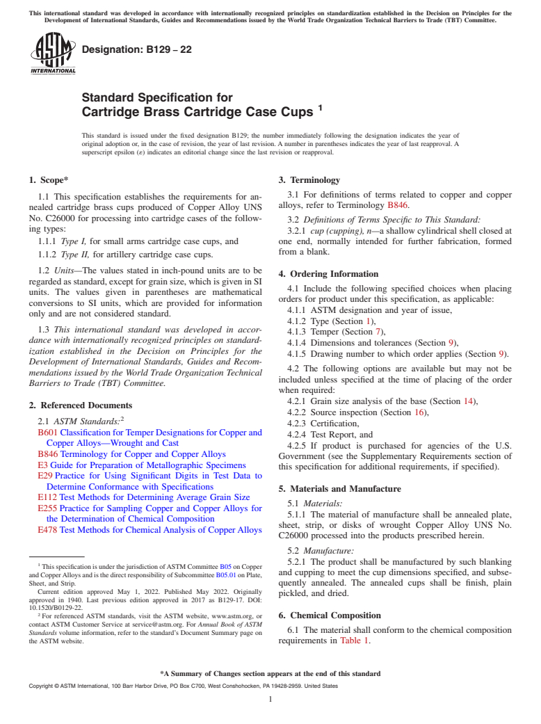 ASTM B129-22 - Standard Specification for Cartridge Brass Cartridge Case Cups