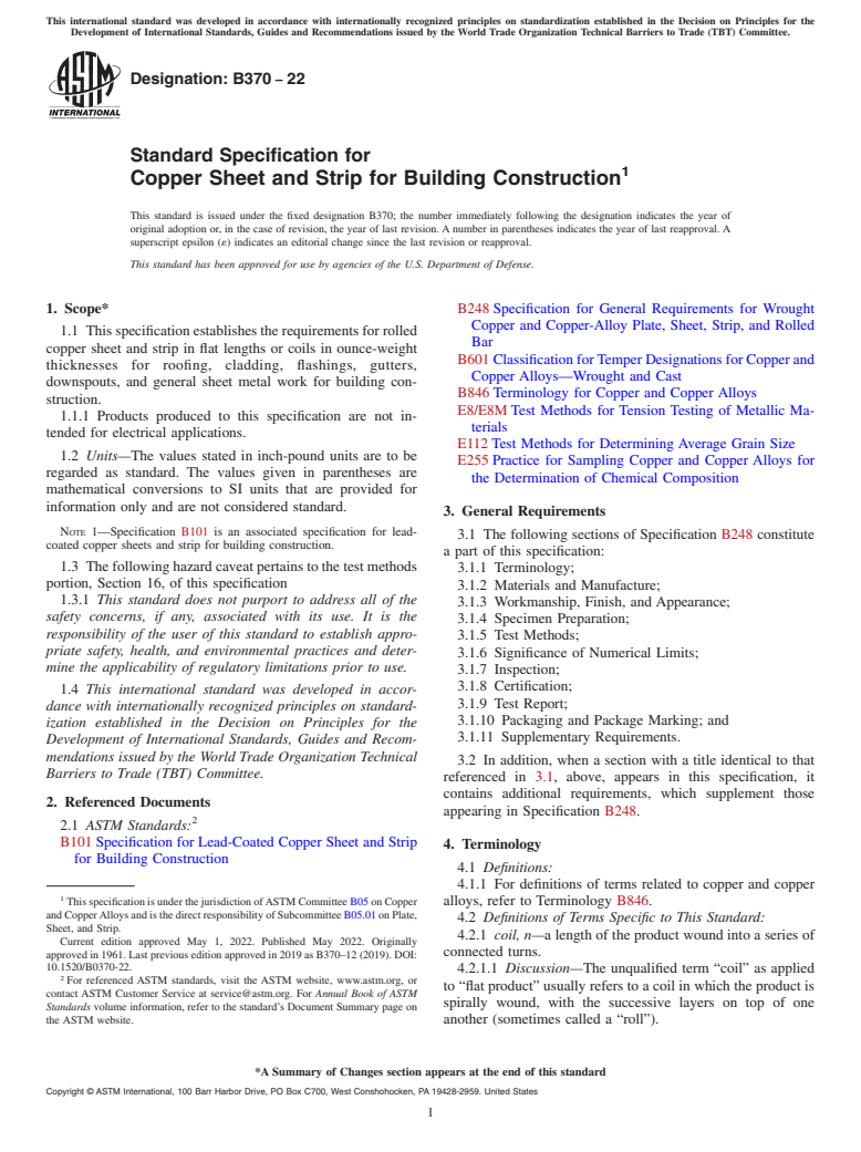 ASTM B370-22 - Standard Specification for Copper Sheet and Strip for Building Construction