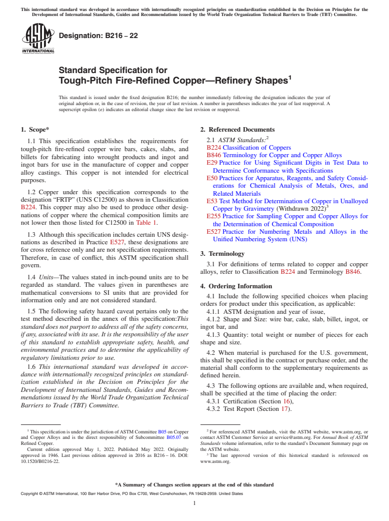ASTM B216-22 - Standard Specification for Tough-Pitch Fire-Refined Copper—Refinery Shapes