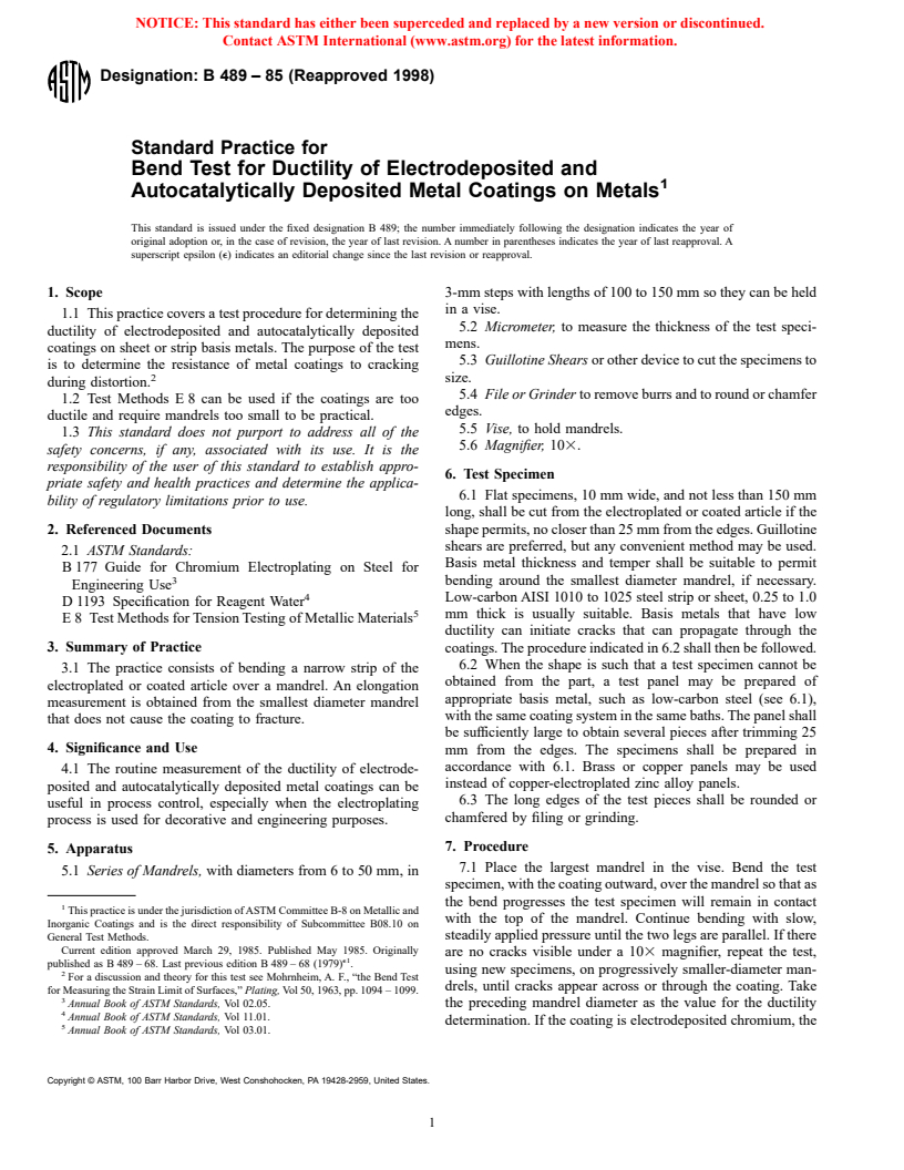 ASTM B489-85(1998) - Standard Practice for Bend Test for Ductility of Electrodeposited and Autocatalytically Deposited Metal Coatings on Metals