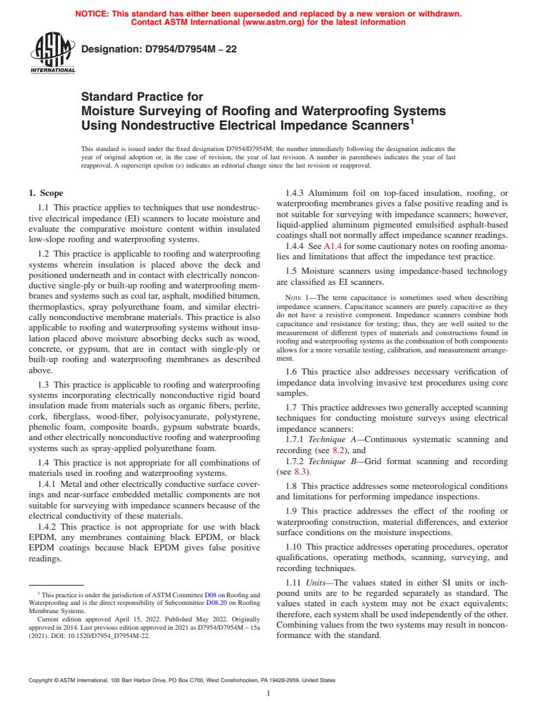 ASTM D7954/D7954M-22 - Standard Practice for Moisture Surveying of Roofing and Waterproofing Systems Using  Nondestructive Electrical Impedance Scanners