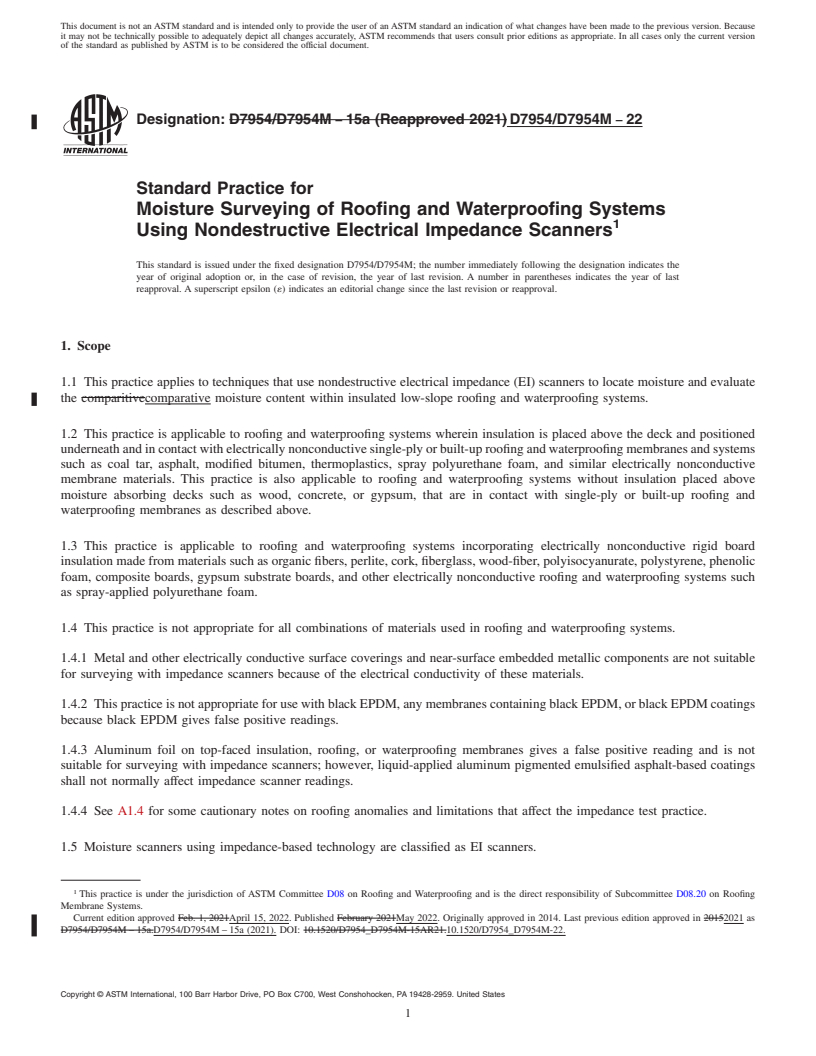 REDLINE ASTM D7954/D7954M-22 - Standard Practice for Moisture Surveying of Roofing and Waterproofing Systems Using  Nondestructive Electrical Impedance Scanners